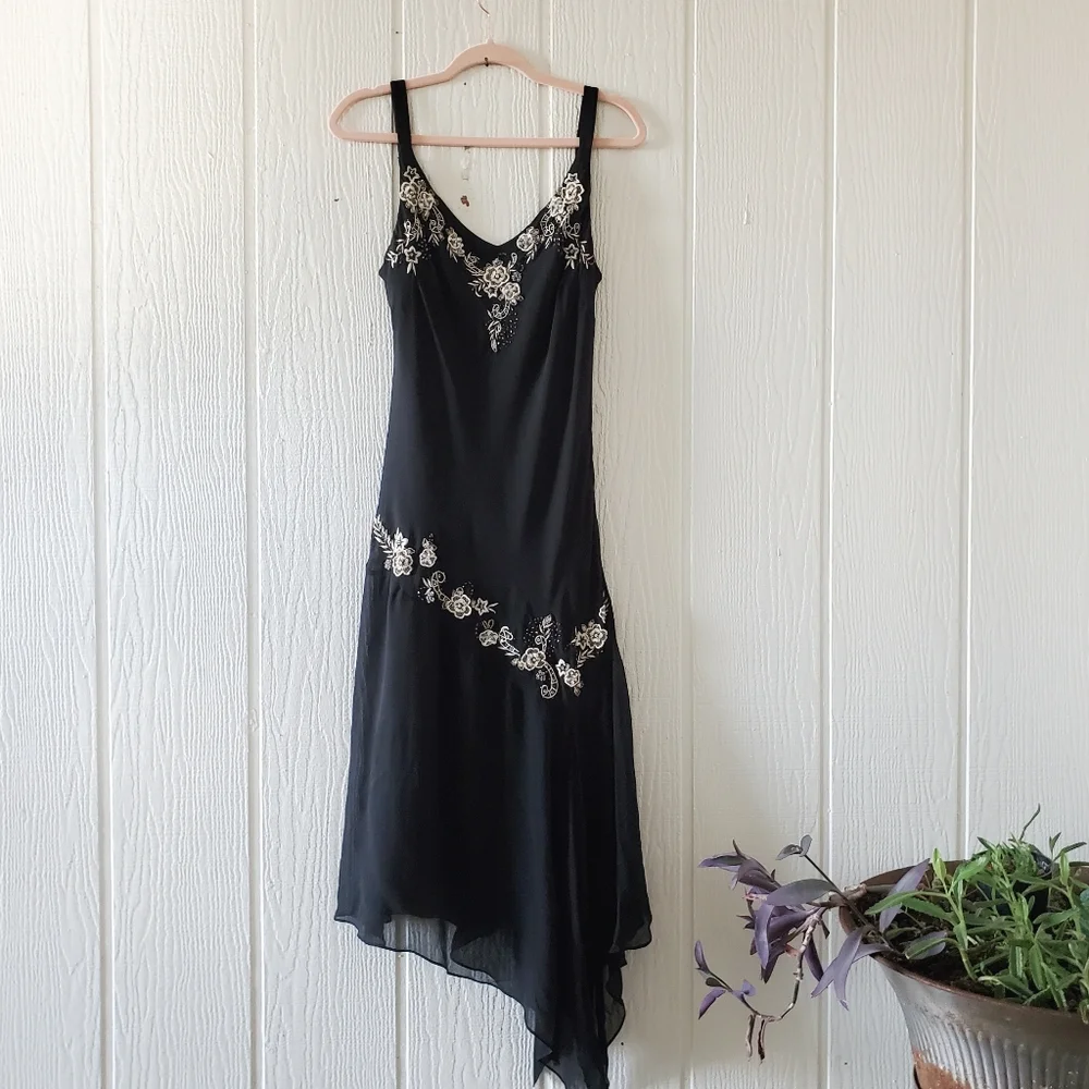 Dress Barn Silk Chiffon Floral Embroidered Sequin Sleeveless V Neck Black sz 14 - Picture 2 of 7